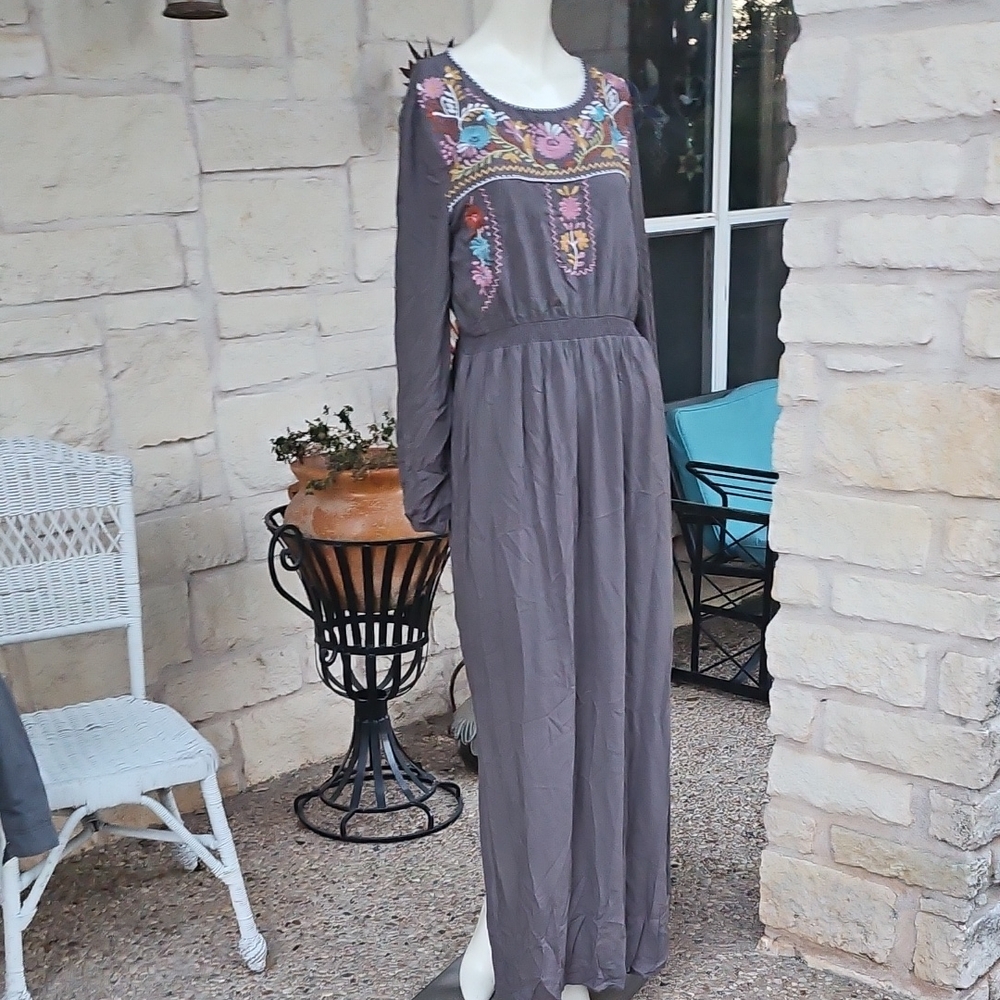 New W Tag JODIFL Charcoal Maxi Dress with Colorful Floral Embroidery Yolk Size M